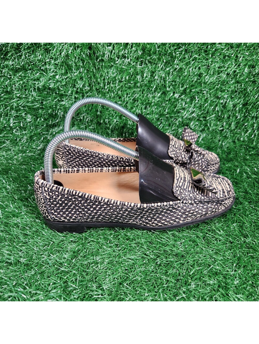 Kate Spade New York Snakeskin Print Bow Loafers Flats Black White Stud Size 7
